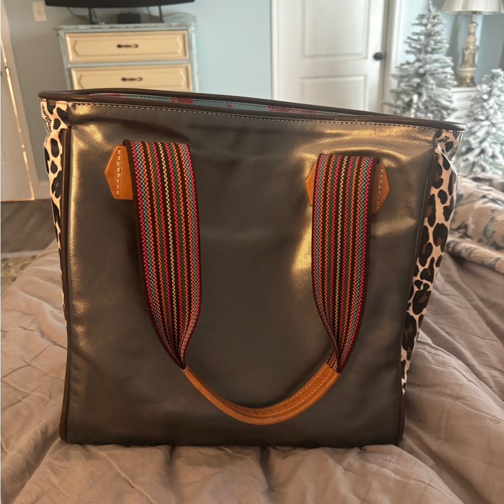 Consuela Metallic Gray Tote with Leopard Sides